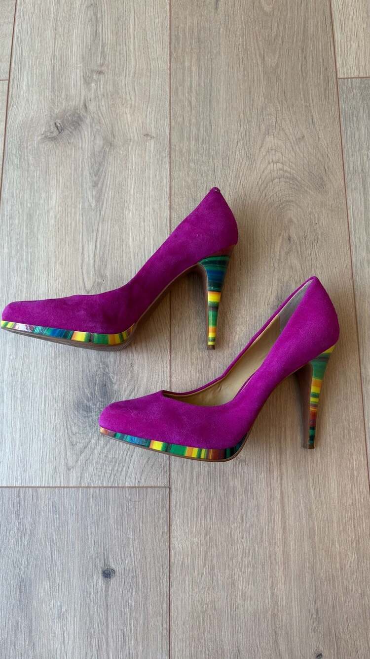 Magenta Suede Striped Platform Heels
